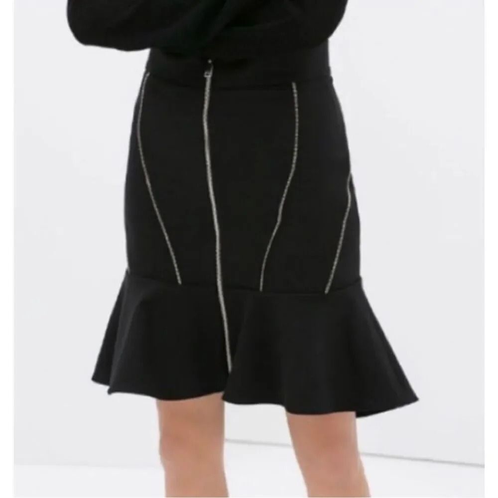 Zara S black zippered trim hi-lo flounce skirt